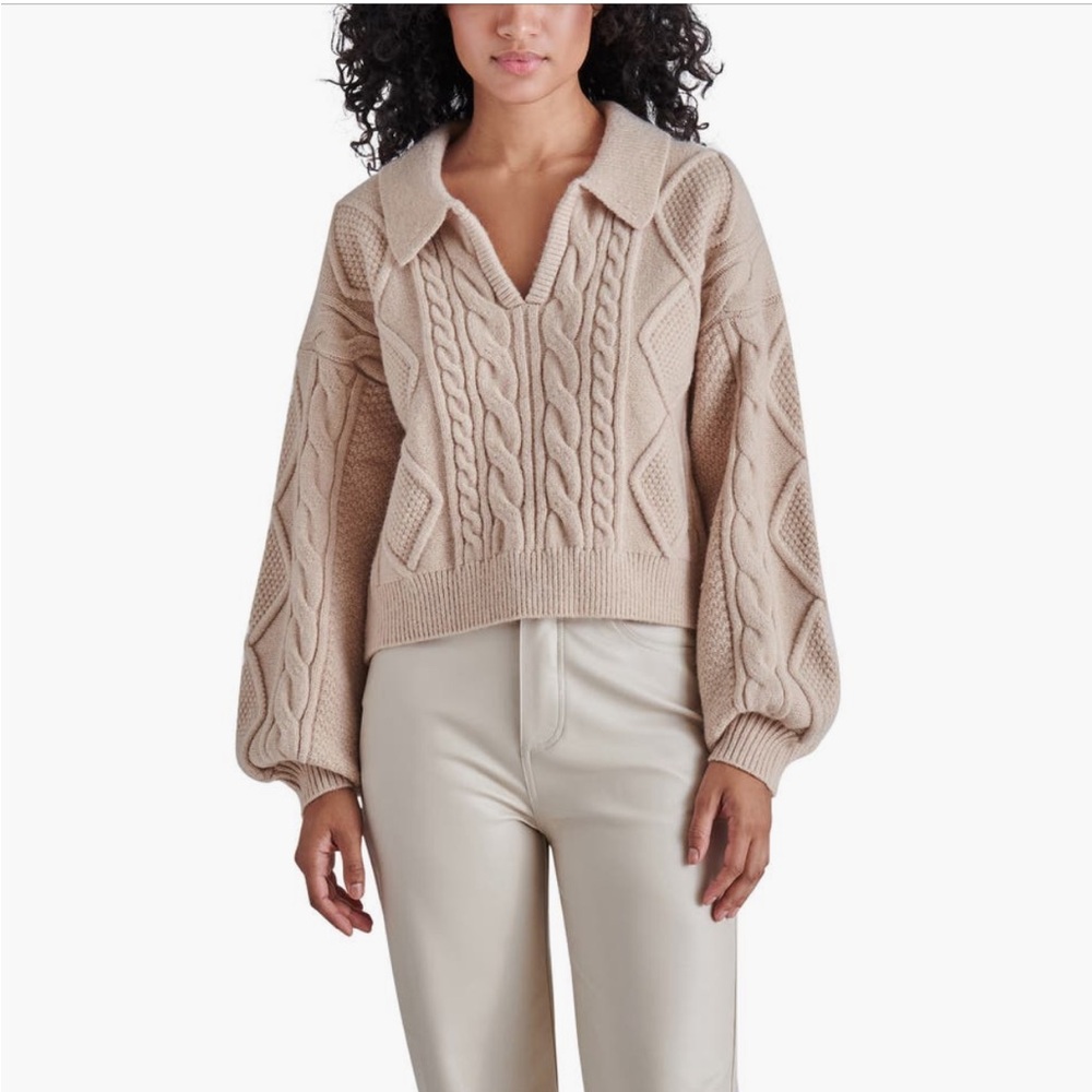 Steve Madden Beige Cable Knit V-Neck Sweater